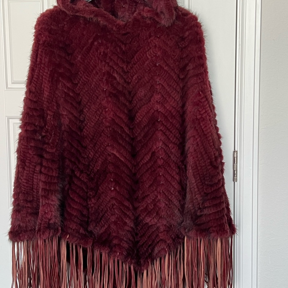 Burgundy mink fur Hooded Poncho with Fringe